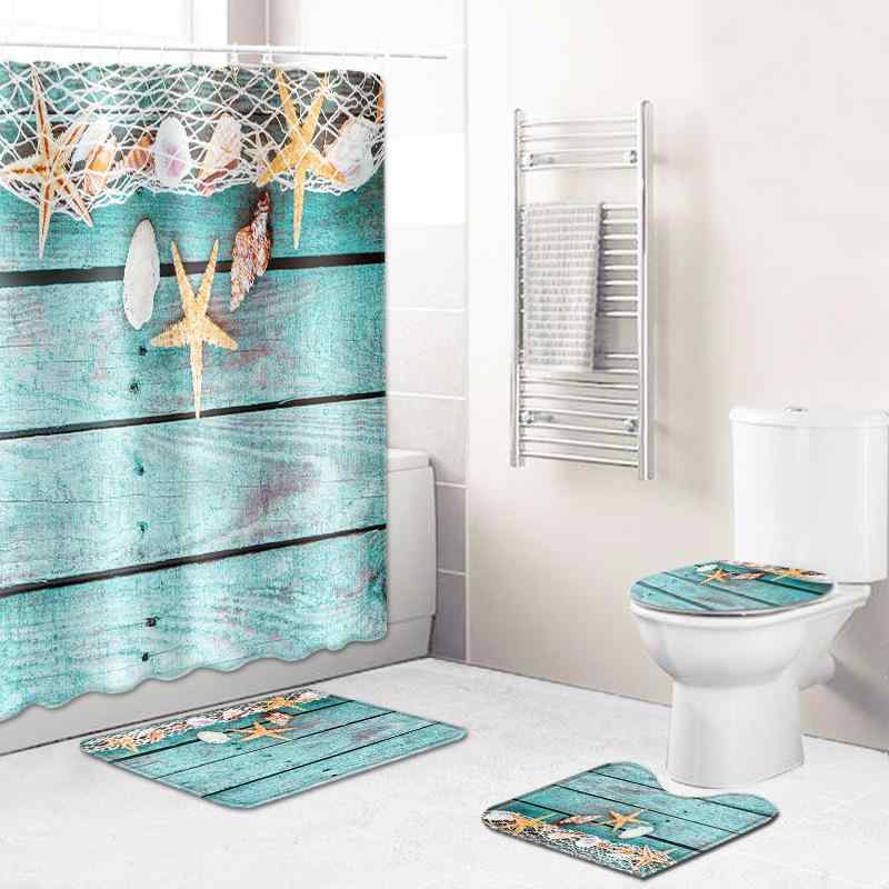 シャワーカーテン 防水 バスルーム 4点セット バスマット トイレマット フタカバー 木目柄 ヒトデ 貝殻柄 ポリエステル製 上質 エレガント 洗える お風呂 インテリア 新生活 模様替え