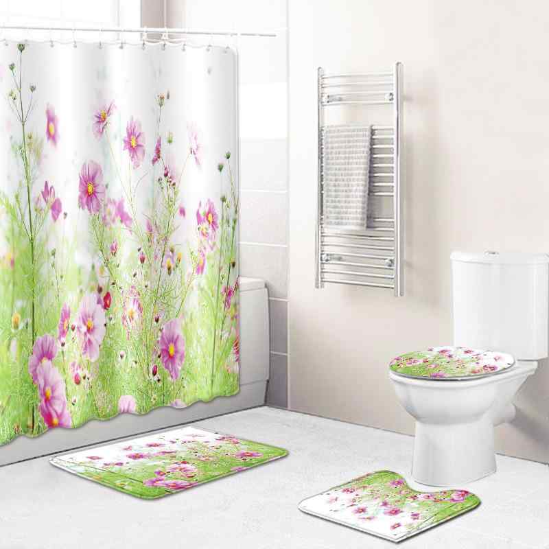 シャワーカーテン 防水 上質 ポリエステル製 グリーンリーフ柄 バスルーム 洗面所 脱衣所 トイレマット フロアマット 3点セット 4点セット おしゃれ