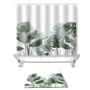 シャワーカーテン トイレマット セット 防水 防カビ 速乾 滑り止め ポリエステル グリーンリーフ柄 ボタニカルデザイン 北欧風 浴室用 上品 おしゃれ 3点セ...