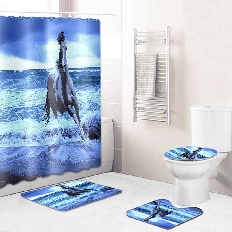 シャワーカーテン トイレマット タペストリー 馬柄 防水 ポリエステル 起毛 洗える おしゃれ バスルーム 寝室 インテリア モダン シンプル 3点セット