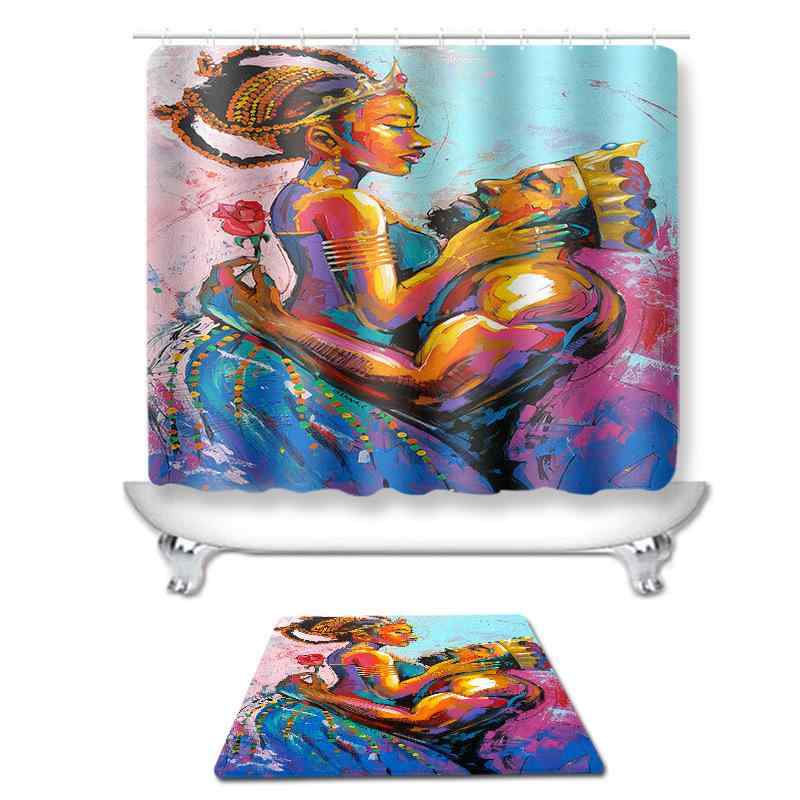 シャワーカーテン バスルーム 3点セット 防水 豊富なサイズ アフリカ女性柄 純銅ハトメ バスマット トイレカバー ポリエステル製 アメリカン インテリア