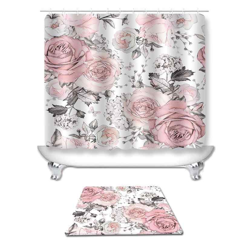バスルームセット 防水 高精細デジタルプリント 鮮やか 花柄 田園風 シャワーカーテン トイレマット ウ..