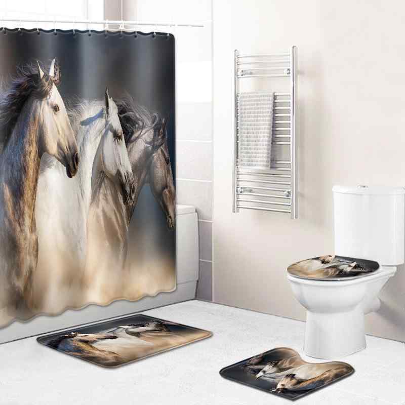 防水 駿馬柄 シャワーカーテン トイレマット フロアマット ウォールタペストリー ポリエステル製 起毛..
