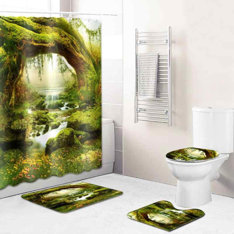 バスルームセット 防水 流水風景柄 ポリエステル シャワーカーテン フランネル バスマット 4点セット トイレマット フタカバー 便座カバー アメリカンスタイル