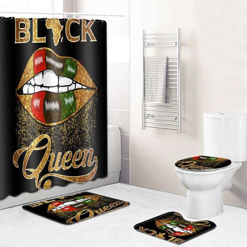 シャワーカーテン 防水 ポリエステル 目元 リップ アルファベット柄 バスマット 足ふきマット 浴室 バスルーム 4点セット フランネル アメリカンデザイン