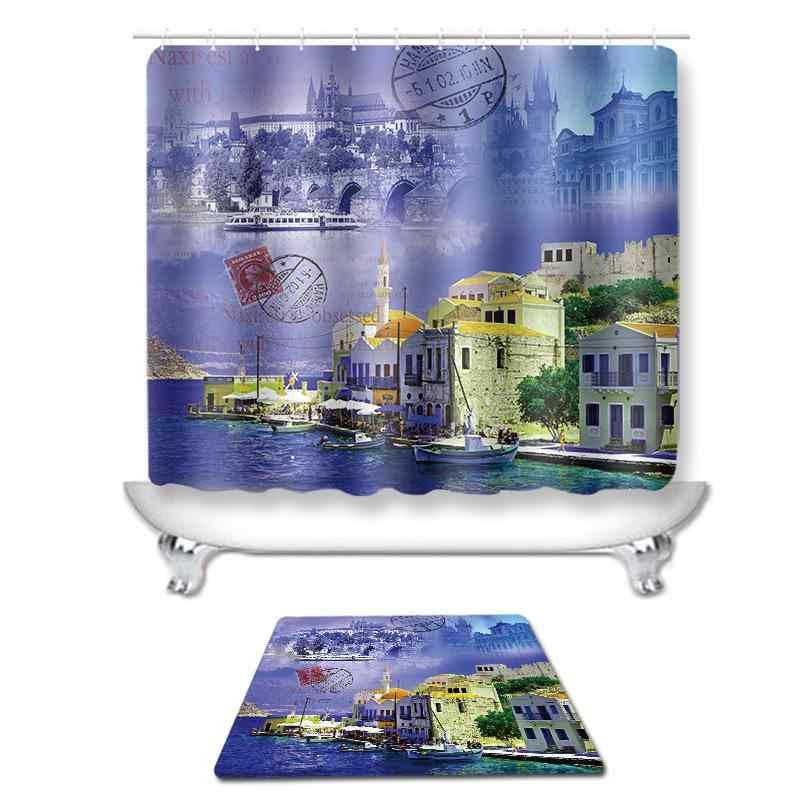 バスルームセット 欧米風 レトロ柄 防水 撥水 シャワーカーテン フランネル バスマット 4点セット ポリエステル素材 滑り止め ウォッシャブル おしゃれ インテリア お風呂 マット