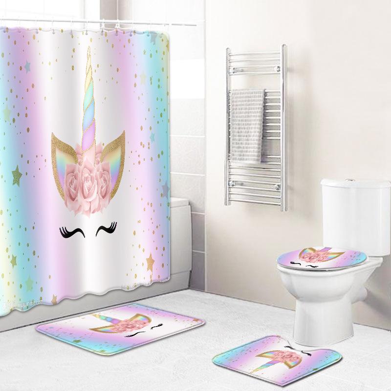 バスルーム 4点セット 防水 シャワーカーテン ポリエステル フランネル バスマット 滑り止め 速乾 眉毛と目のレター柄 アメリカンスタイル 浴室用品