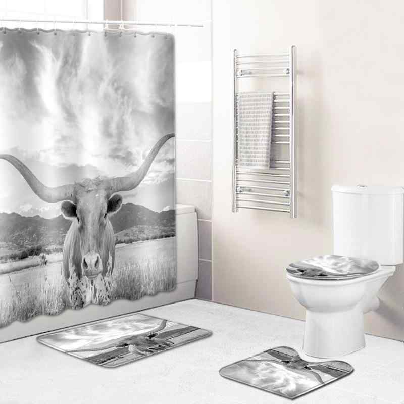 シャワーカーテン バスルーム 4点セット 防水 滑り止め 牛柄 ポリエステル フランネル 浴室用 バスマット 足ふきマット アメリカン