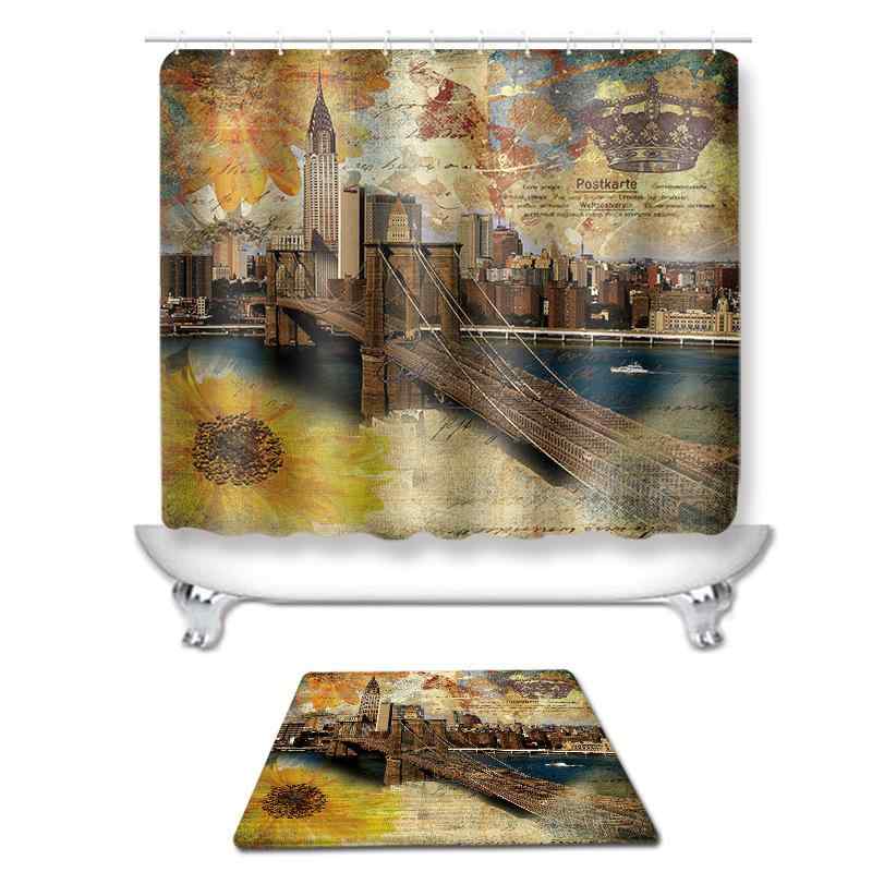 バスルームセット 防水 欧米風 レトロ ヴィンテージ調 ポリエステル シャワーカーテン フランネル バスマット トイレマット U型マット 4点セット アメリカンスタイル 洗える おしゃれ 速乾 厚手 滑り止め バス用品