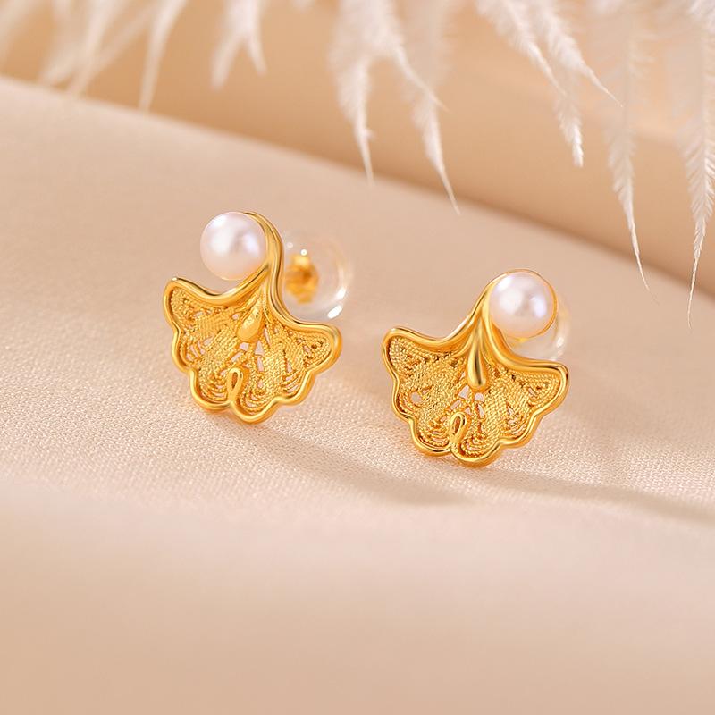 スタッドピアス レディース S925純銀 金メッキ 淡水パール レトロ クラシック ライトラグジュアリー 銀杏 リーフ 丸玉 フィリグリー 透かし彫り