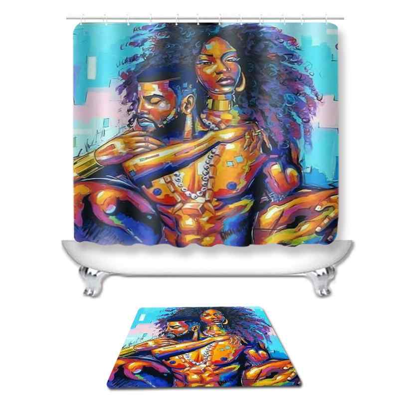 シャワーカーテン 撥水 防水 マルチサイズ 豊富なサイズ 浴室間仕切りカーテン バスカーテン トイレマット 便座マット トイレ4点セット 純銅ハトメ サビにくい アフリカ女性柄 エスニック ポリエステル アメリカンスタイル