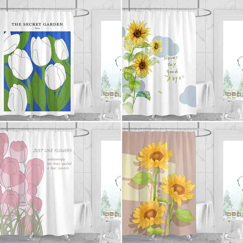 シャワーカーテン 防水 防カビ 穴あけ不要 つっぱり棒対応 家庭用 浴室 バスルーム 目隠し 植物 花柄 ひまわり ポリエステル 北欧風 間仕切り