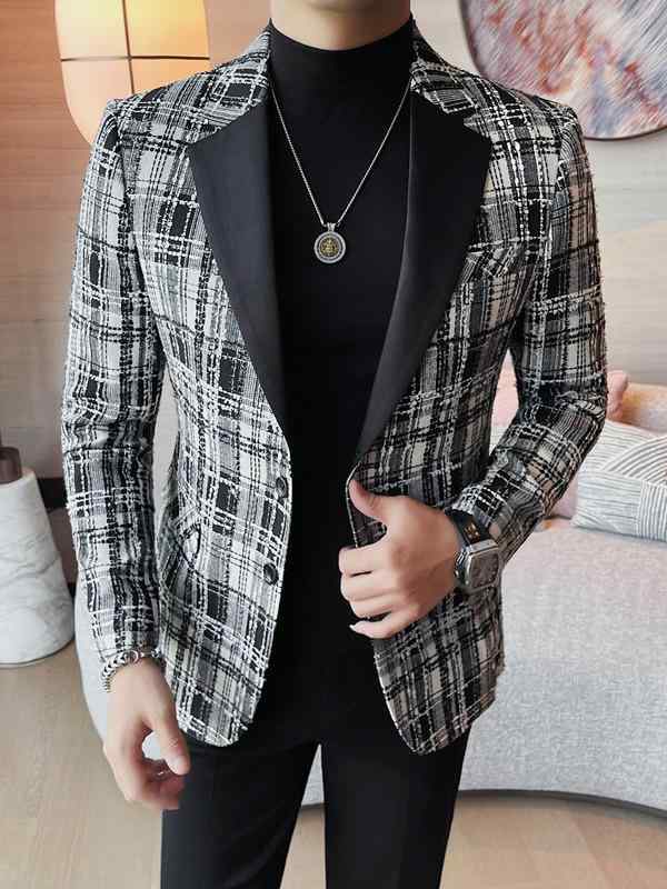 ジャケット メンズ カジュアル ノーアイロン スリムフィット 光沢感 チェック柄 シングル2つボタン 韓国ファッション 秋冬