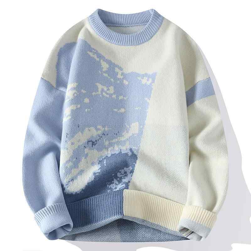 ニット メンズ ウォッシャブル プルオーバー セーター ゆったり ルーズフィット クルーネック 長袖 綿混 ポリエステル カジュアル 秋冬 中厚手 リブ裾 ブラック グレー ライトブルー