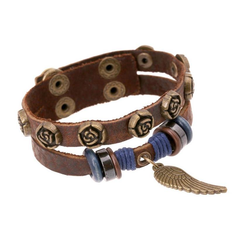 ブレスレット 男女兼用 ライチ柄 牛革 欧米風 レトロ ローズモチーフ 本革 ハンドメイド ブラウン 上質..