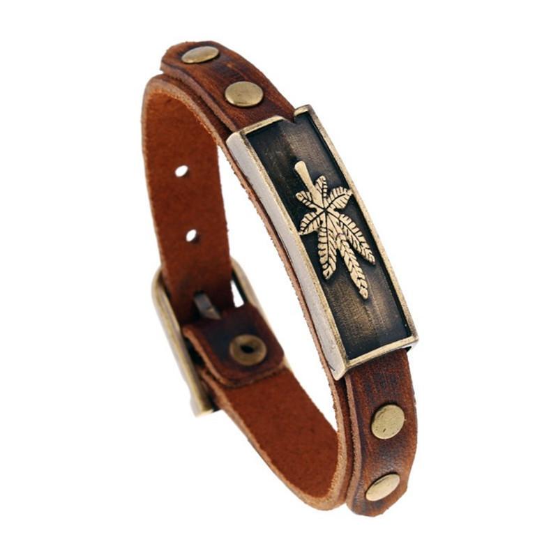 ブレスレット メンズ レディース 男女兼用 欧米 レトロ 合金 牛革 本革 楓葉 バングル 調節可能 手作り..
