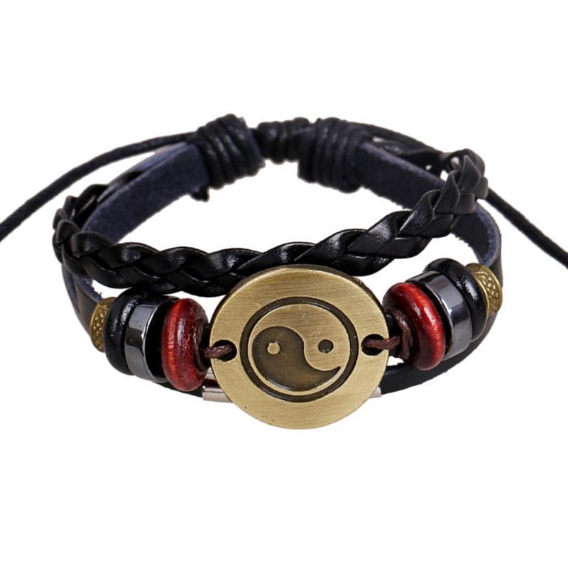ブレスレット メンズ レディース ブロンズカラー 合金 本革 レザー ビーズ 八卦 太極 陰陽 チャーム 幾何学模様 レトロ ヴィンテージ風 ハンドメイド カジ...