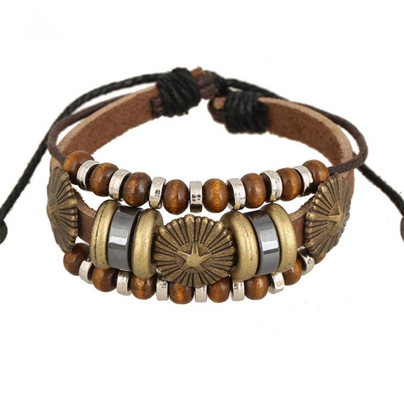 ブレスレット ユニセックス メンズ レディース 牛革 本革 レザー ビーズ 多連 レトロ ヴィンテージ ハンドメイド 手作り 幾何学模様 ブラウン 茶色 シンプ...
