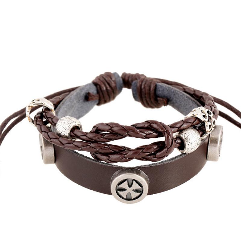 ブレスレット メンズ レディース ユニセックス 手作り 本革 レザー 十字架 クロス チャーム ビーズ ヴィンテージ レトロ アンティーク シンプル ブラウン ...