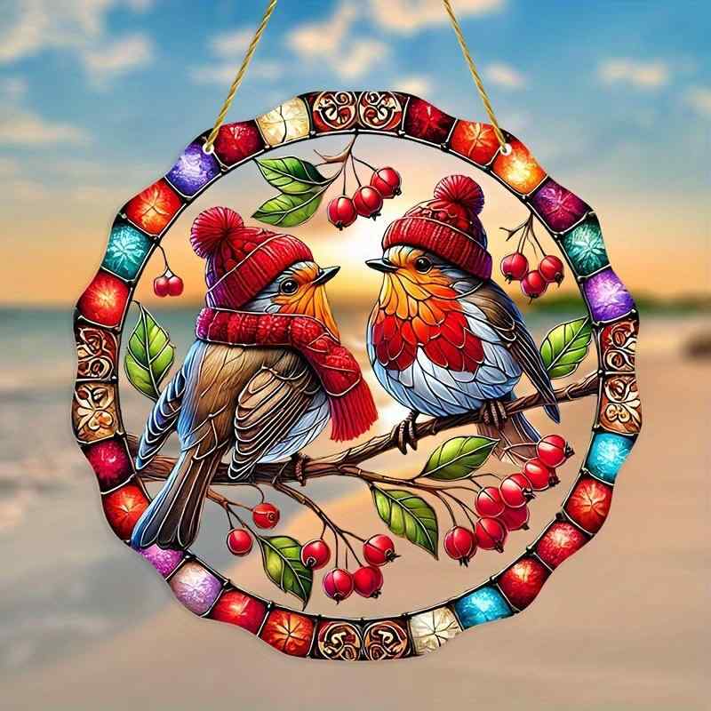 サンキャッチャー クリスマス 幸福の鳥 カーディナル アクリル製 20x20cm ゴールドロープ付き 玄関 ポーチ 窓辺 インテリア デコレーション ハンギング...