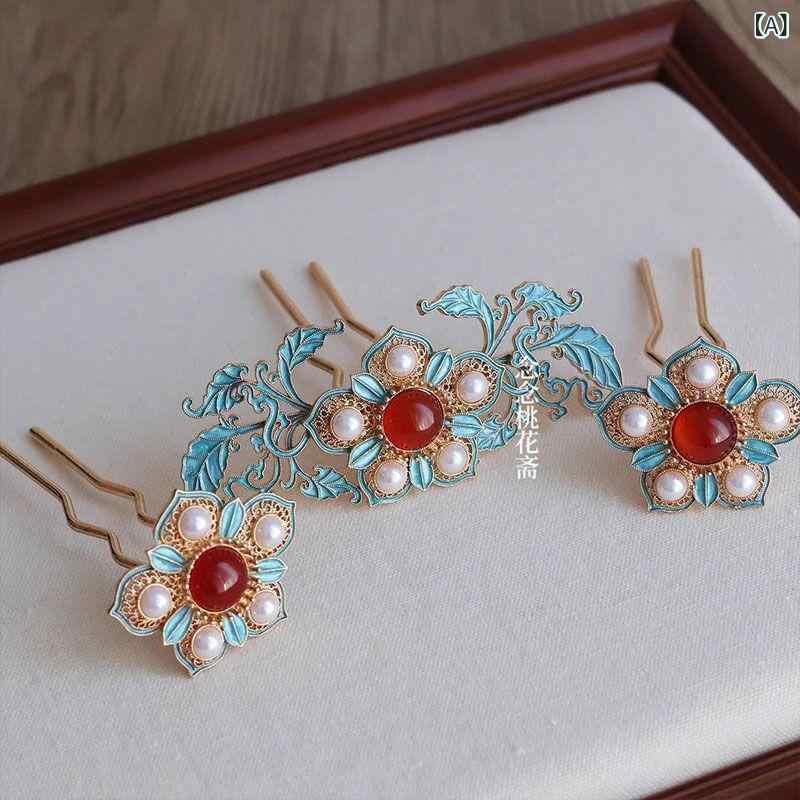 ヘアアクセサリー 子供用 キッズ 女の子 点翠風 焼き七宝風 パール飾り 花飾り 植物モチーフ 華やか 宮廷風 唐風 漢服 古風 レトロ調 かんざし ティアラ ヘアクリップ ヘアピン 金属製 発表会 誕生日(4)