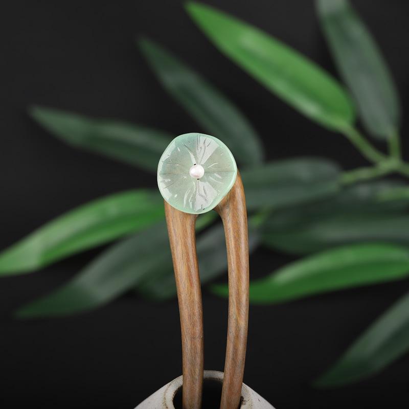 簪 レディース 緑檀木 琉璃花 葉っぱモチーフ オリジナルデザイン 二本足かんざし まとめ髪 夜会巻き ..