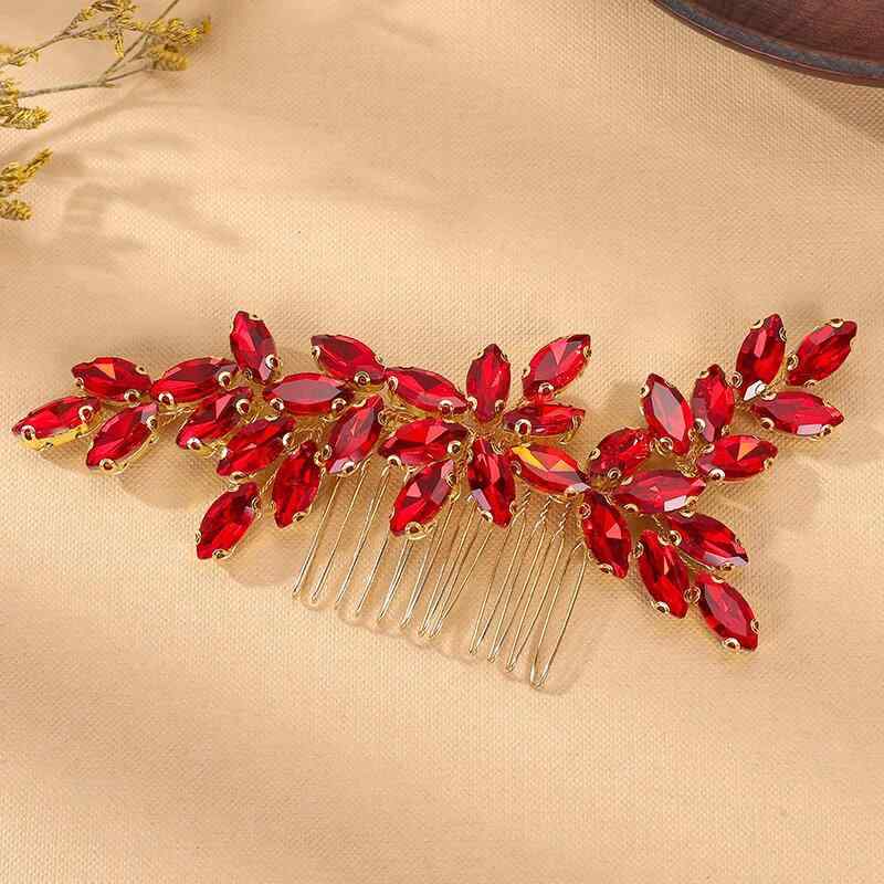 ヘアコーム レディース ハンドメイド 個性的 シンプル ローズレッド ラインストーン ドロップ型 欧米風 結婚式 ブライダル パーティー フォーマル ドレス まとめ髪 アップスタイル 髪飾り(x3)