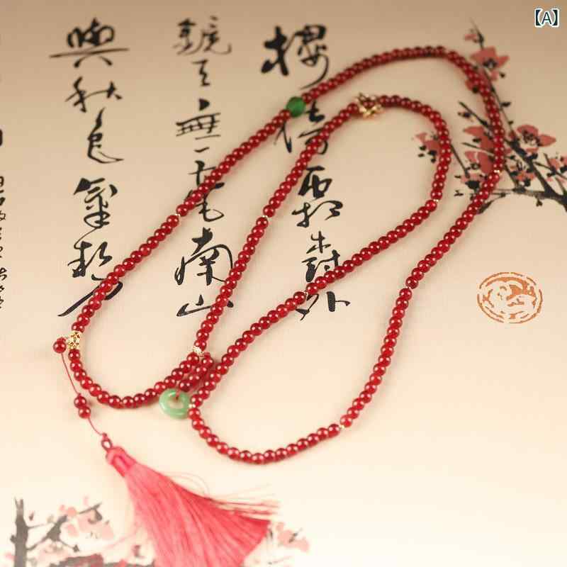 ネックレス レディース 漢服アクセサリー 新中華風 瓔珞 ロングネックレス 多層 ソフトタイプ 人工水晶 瑠璃 手作り 丸ビーズチェーン 平安お守りモチーフ(4)