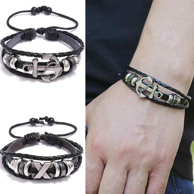 ブレスレット メンズ レディース 本革 レザー 編み込み スカル ドクロ イカリ アンカー ビーズ レトロ ヴィンテージ シンプル カジュアル ハンドメイド バ...