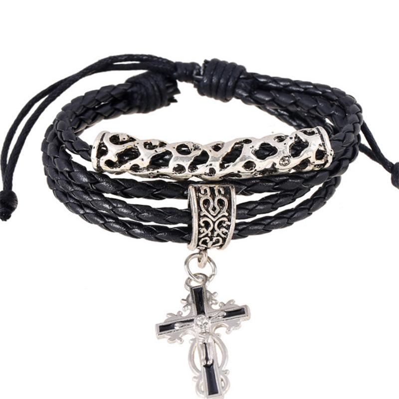 ブレスレット ユニセックス 男女兼用 牛革 レザー 本革 ハンドメイド 手作り 合金 十字架 ジオメトリック 幾何学模様 パンク ロック レトロ ヴィンテージ ...