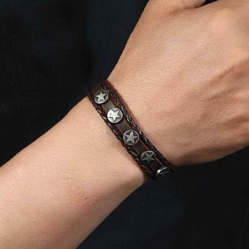 楽天セキュアデポブレスレット メンズ 男性用 本革 レザー 編み込み 多重 ブラウンカラー レトロ ヴィンテージ ハンドメイド スナップボタン 合金 星 スターモチーフ 個性的