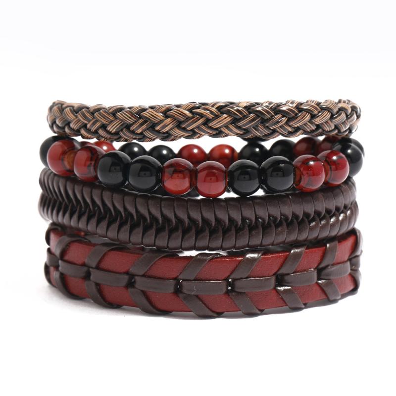 ブレスレット ユニセックス レトロ 編み込み 牛革 レザー 手作り 4点セット コードブレスレット 幾何学模様 シンプル カジュアル アク..