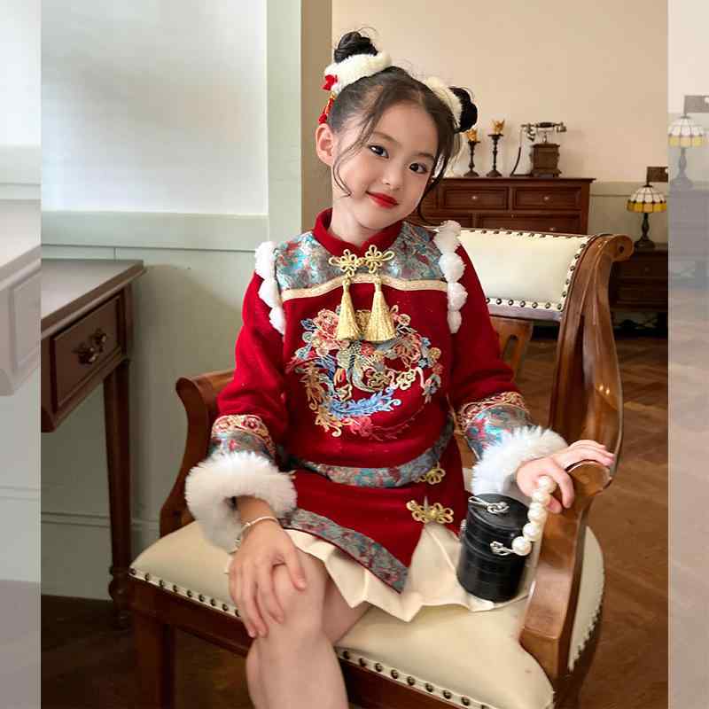 唐装 女の子 キッズ ベビー 子供用 裏起毛 厚手 暖かい 防寒 中国風 新年 お正月 晴れ着 セットアップ ..