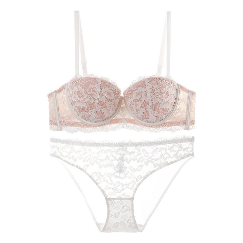 ブラジャー＆ショーツセット ストラップレス 滑り止め 脇高 脇肉補正 谷間メイク 盛りブラ 小胸 盛れる セクシー フレンチ レース ハーフカップ 補正下着 通気性 快適 白 黒