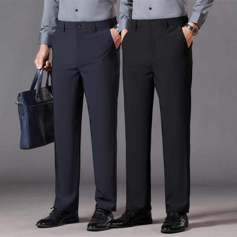 スラックス メンズ 男性用 ノーアイロン 防シワ 毛玉防止 ストレッチ ストレート ゆったり ビジネス 通勤 カジュアルパンツ ミドルエイジ向け 再生繊維 ブラック ネイビー