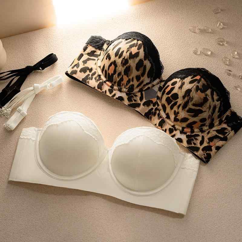 ブラジャー レディース ストラップレス 滑り止め 脇高 小胸さん 谷間メイク ボリュームアップ ノンワイヤー 下厚カップ ハーフカップ シームレス フレンチ サテン 純欲系 ヒョウ柄