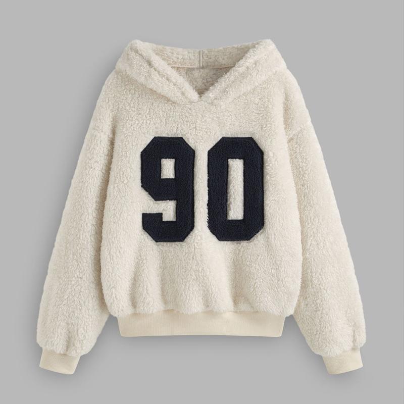 パーカー 男女兼用 フェイクボア 厚手 ゆったり ルーズフィット アルファベット数字配色 ポケット付き ストリートカジュアル 秋冬 アイボリーホワイト