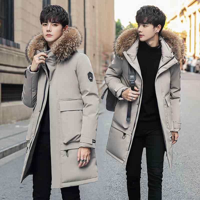 ダウンジャケット メンズ ホワイトダックダウン 厚手 高配合率 ミドル丈 フード付き ビッグファー襟 防寒 ワークジャケット カジュアル 韓国ファッション ゆったり ルーズフィット アウター 通勤 通学 デイリーユース 冬