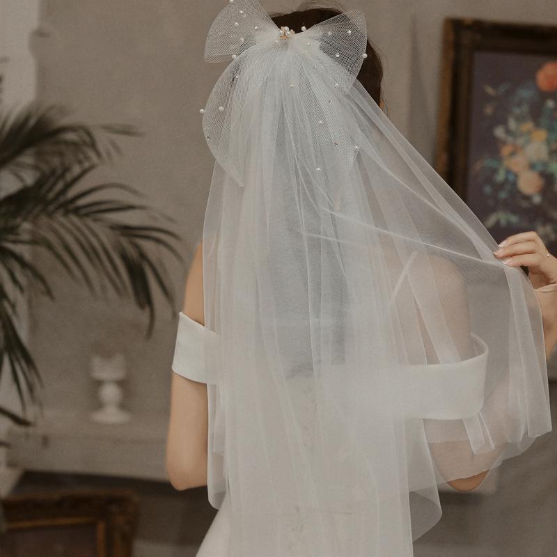 ウェディングベール パール ヘッドドレス 高級感 リボン 蝶結び ショート丈 二層 花嫁 結婚式 ブライダ..