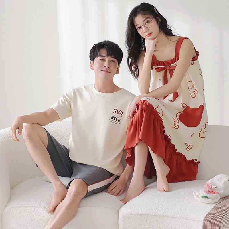 ルームウェア 通気性 快適 カップル パジャマ 半袖 丸首 綿100% ゆったり 薄手 プルオーバー ワンピース ハーフパンツ ワンマイルウェア 春夏