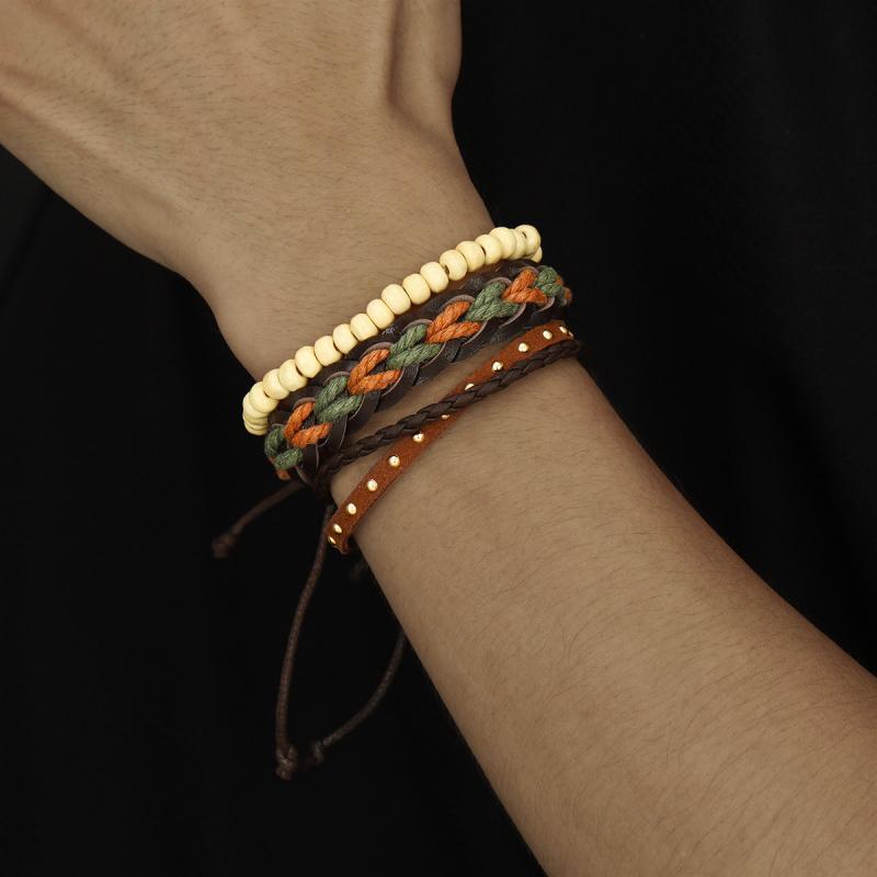 ブレスレット メンズ アクセサリー シンプル レトロ 編み込み レザー 革 3点セット 欧米スタイル ミックス素材 パンク ロック ストリー..