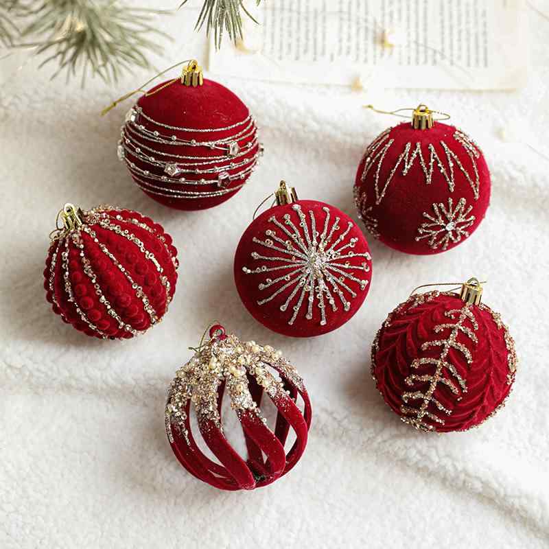 クリスマスオーナメント クリスマスボール ワインレッド 8cm プラスチック製 フロッキー加工 ラメ グリッター 吊り下げ式 クリスマスツリー飾り 装飾