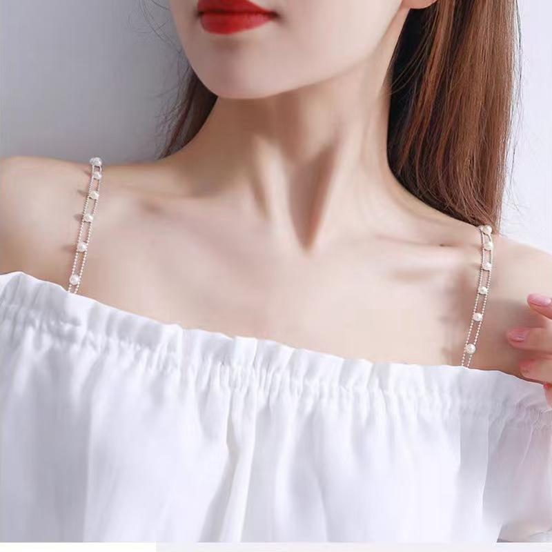 ブラストラップ レディース パール 銅チェーン ラインストーン 美背デザイン ダブルストラップ 見せス..