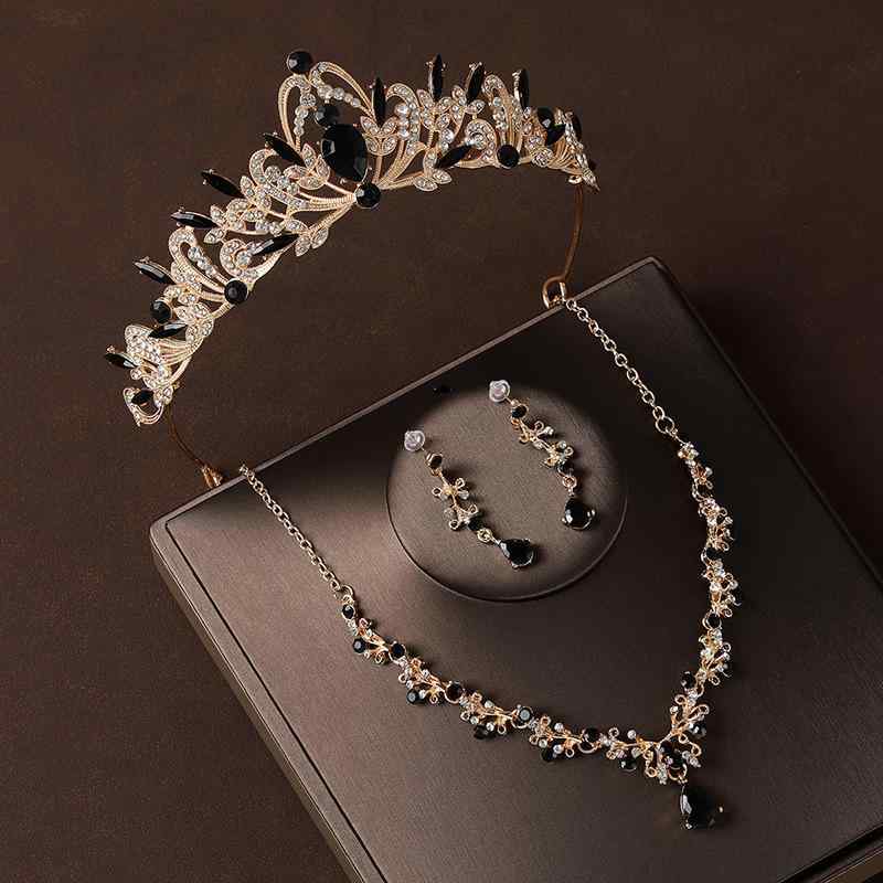 アクセサリー レディース バロック ブラックジルコニア ティアラ 王冠 ネックレス イヤリング ピアス 3..
