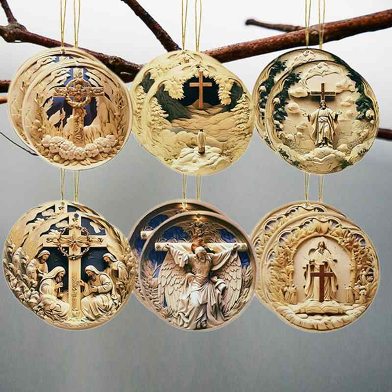 クリスマスオーナメント イエス キリスト アメリカンカントリースタイル インテリア雑貨 小型 丸型 木製 プレート 吊り下げ 飾り