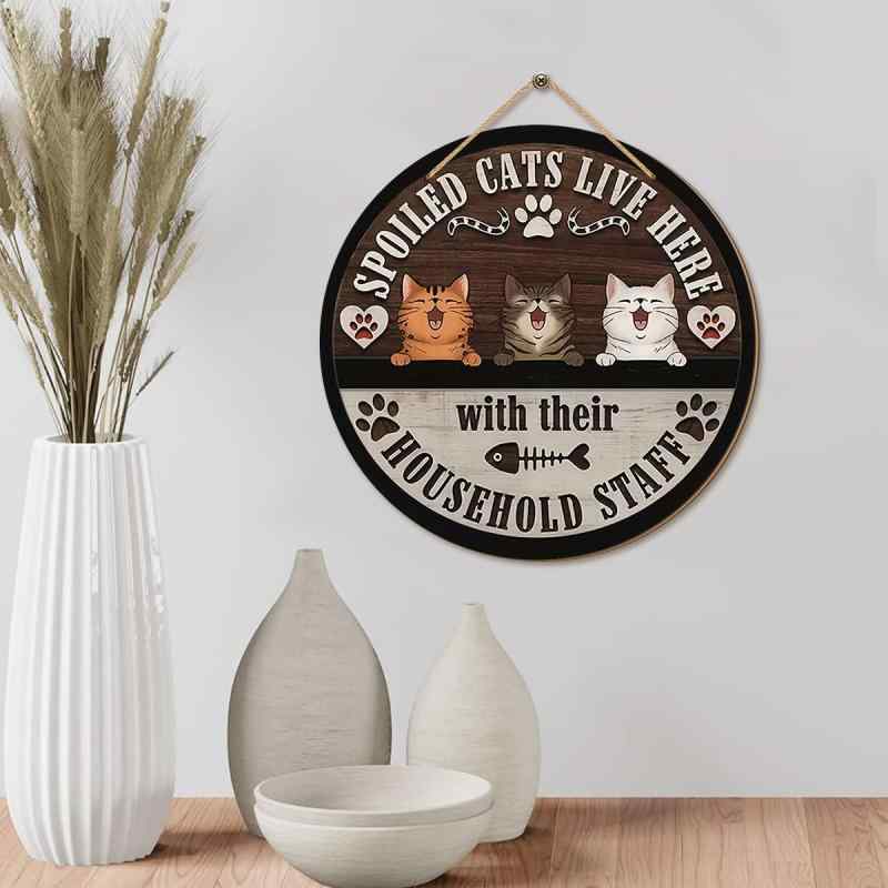 ドアプレート ウェルカムボード レトロ風デザイン 木製 黄楊木製 猫好き 円形 丸型 玄関 吊り下げ 表札 看板 おしゃれ かわいい インテリア雑貨