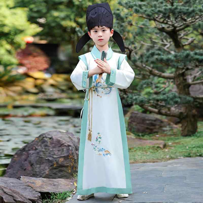 漢服 男の子 キッズ 宋代 中国風 古代衣装 書生風 丸襟ローブ ポリエステル製 オールシーズン 朗読会 ..