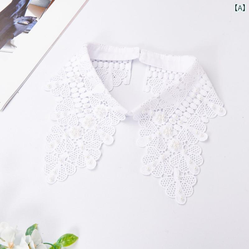 セキュアデポの付け襟 レディース 高品質 高級感 骨線刺繍 手縫い パール 透かし リーフ型 セーター飾り フェイクカラー アクセサリー 小物 ポリエステル素材 ホワイト ブラック オフホワイト シンプル 上品 エレガント｜アングル2