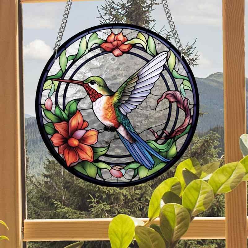 サンキャッチャー 蜂鳥 ステンドグラス風 アクリル ストーン柄 窓辺 バルコニー 吊り下げ 飾り モダン..