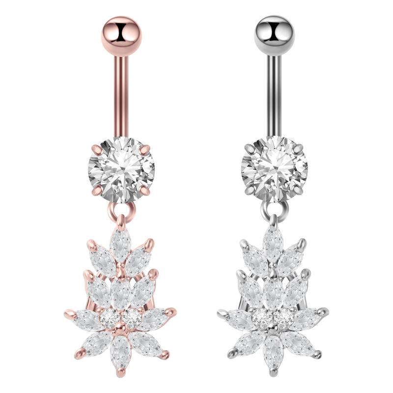 へそピアス レディース 欧米風 サージカルステンレス アレルギー対応 煌めくジルコニア フラワー リーフ ボディピアス 電気メッキ加工 シルバー ローズゴールド